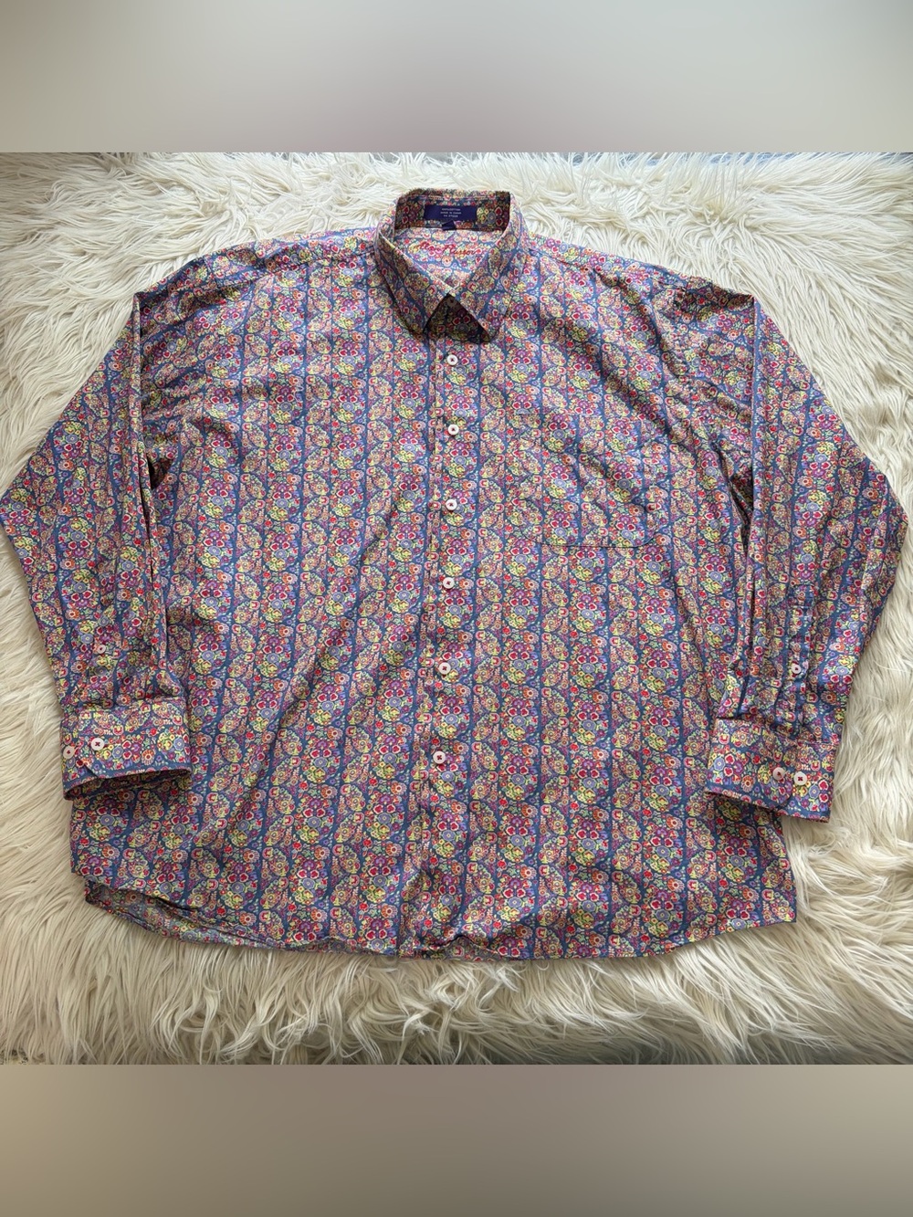 Alan Flusser Men XXL Floral Button Down Shirt Colorful 100% Cotton Long Sleeve